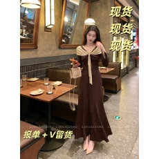 批发<b class='q'>一字肩</b>圣诞法式撞色针织<b class='q'>连衣裙</b>女冬装蕾丝a字长裙