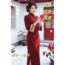 批发复古改良旗袍秋冬款加绒加厚酒红色刺绣连衣裙