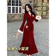 批发新年战袍秋<b class='q'>冬</b>爆款红色刺绣改良旗袍连衣裙拜年服订婚宴会加绒加厚