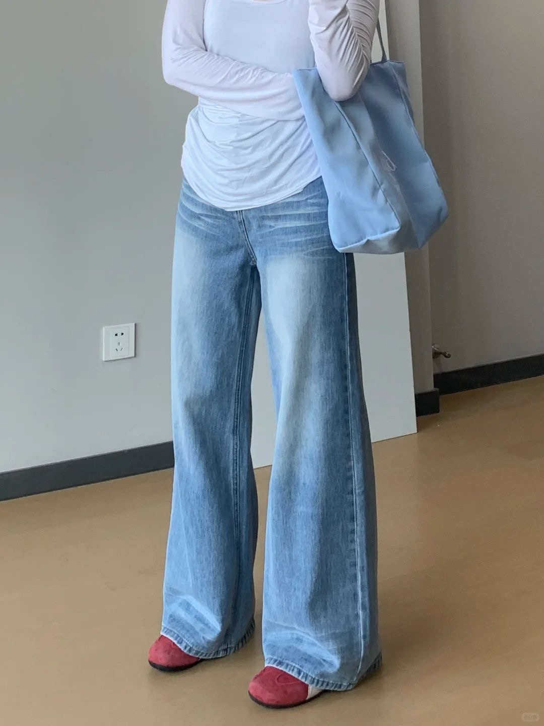 작은 키 아메리칸 주름 워싱 루즈핏 넓은 다리 청바지 여성 하이웨이스트 슬림해 보이는 스트레이트 바닥 청소 바지