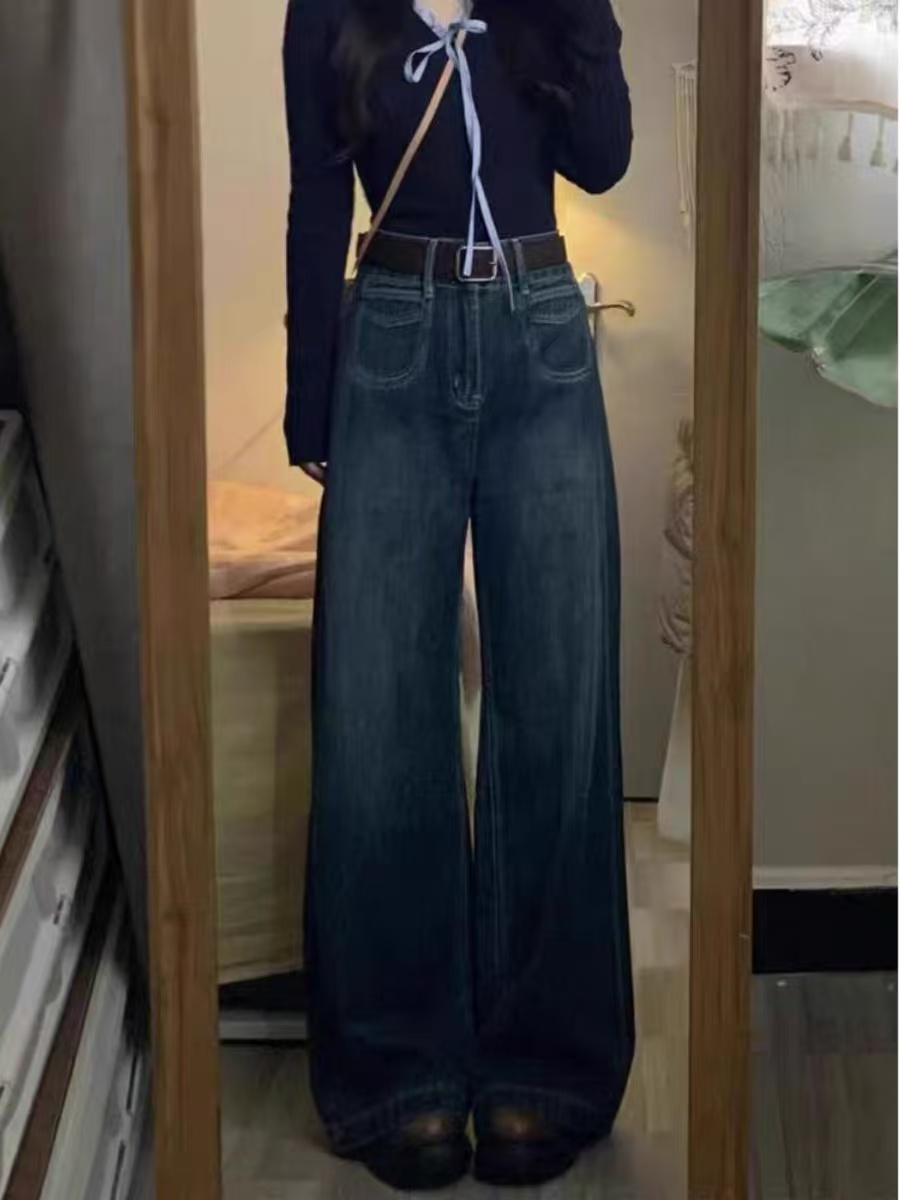 작은 키 진한 파란색 넓은 다리 청바지 여성 하이웨이스트 가을 슬림해 보이는 루즈핏 스트레이트 바닥 청소 긴 바지