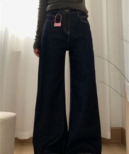 작은 키 단 닝 블루 루즈핏 넓은 다리 청바지 여성 하이웨이스트 슬림해 보이는 도루 센스 부츠컷 바닥 청소 긴 바지