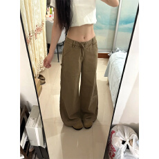 批发小个子美式卡其色复古直筒工装牛仔裤女<b class='q'>高腰</b>宽松垂感休闲阔腿长裤