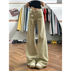 批发小个子卡其色不贴腿微喇牛仔裤女低腰宽松显瘦直筒喇叭拖地裤