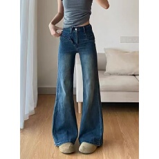 批发小个子美式复古水洗不贴腿微喇牛仔裤女高腰弹力喇叭阔腿长裤