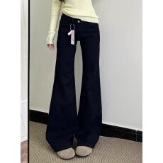 批发小个子美式黑色微喇阔腿<b class='q'>牛仔</b>裤女低腰宽松显瘦喇叭拖地裤