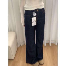 批发小个子深蓝色美式微喇阔腿牛仔裤女低腰显瘦喇叭拖地长裤