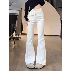 批发小个子<b class='q'>白色</b>微喇叭<b class='q'>牛仔裤</b>女新款高腰弹力显瘦拖地马蹄裤子