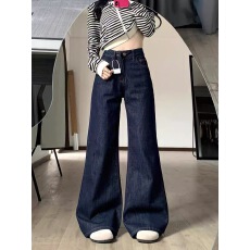 批发小个子美式复古深蓝色微喇叭牛仔<b class='q'>裤</b>女低腰<b class='q'>宽松</b>直筒阔腿长<b class='q'>裤</b>