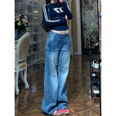 批发小个子美式水洗裂纹微喇牛仔<b class='q'>裤</b>女低腰<b class='q'>宽松</b>显瘦喇叭阔腿长<b class='q'>裤</b>