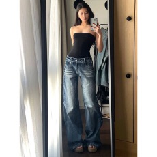 批发小个子美式复古微喇阔腿<b class='q'>牛仔裤</b><b class='q'>女</b>高腰显瘦宽松拖地喇叭裤子