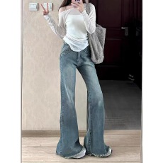 批发小个子毛边低腰微喇叭<b class='q'>牛仔裤</b>女新款修身显瘦直筒马蹄裤子