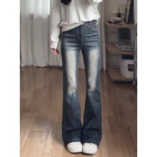 批发小个子美式复古蓝微喇叭<b class='q'>牛仔裤</b>女高腰修身显瘦马蹄拖地裤
