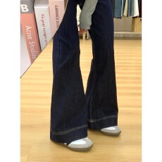 批发小个子丹宁蓝微喇阔腿<b class='q'>牛仔裤</b>女高腰宽松直筒拖地长裤