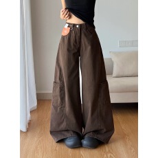批发小个子美式复古咖色阔腿<b class='q'>牛仔裤</b>女秋冬高腰宽松直筒休闲工装裤