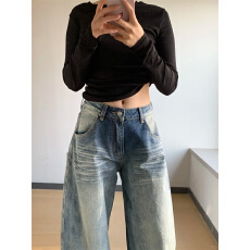 批发小个子美式复古口袋刺绣弯刀<b class='q'>牛仔裤</b>女低腰宽松显瘦阔腿拖地裤