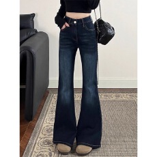批发小个子深蓝微喇叭<b class='q'>牛仔裤</b>女秋冬高腰弹力修身显瘦拖地马蹄长裤