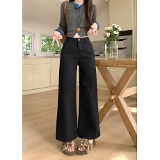 批发实拍~小个子美式黑色水洗阔腿牛仔裤女高腰宽松垂感直筒拖地裤