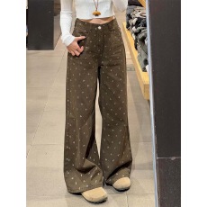 批发小个子美式复古咖色碎花高腰直筒牛仔裤女高腰宽松显瘦阔腿拖地裤