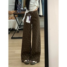 批发小个子美式复古<b class='q'>碎花</b>设计阔腿牛仔<b class='q'>裤</b>女新款高腰宽松显瘦直筒<b class='q'>裤</b>