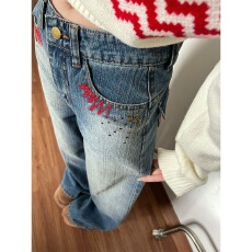 批发小个子复古设计感烫钉刺绣阔腿牛仔裤女高腰宽松直筒拖地<b class='q'>长裤</b>