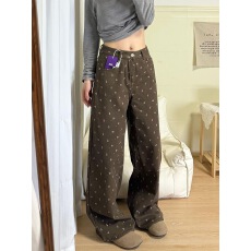批发小个子美式复古咖色<b class='q'>碎花</b>高腰直筒牛仔<b class='q'>裤</b>女高腰宽松显瘦阔腿拖地<b class='q'>裤</b>