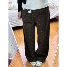 批发小个子美式复古咖色<b class='q'>碎花</b>高腰直筒牛仔<b class='q'>裤</b>女高腰宽松显瘦阔腿拖地<b class='q'>裤</b>