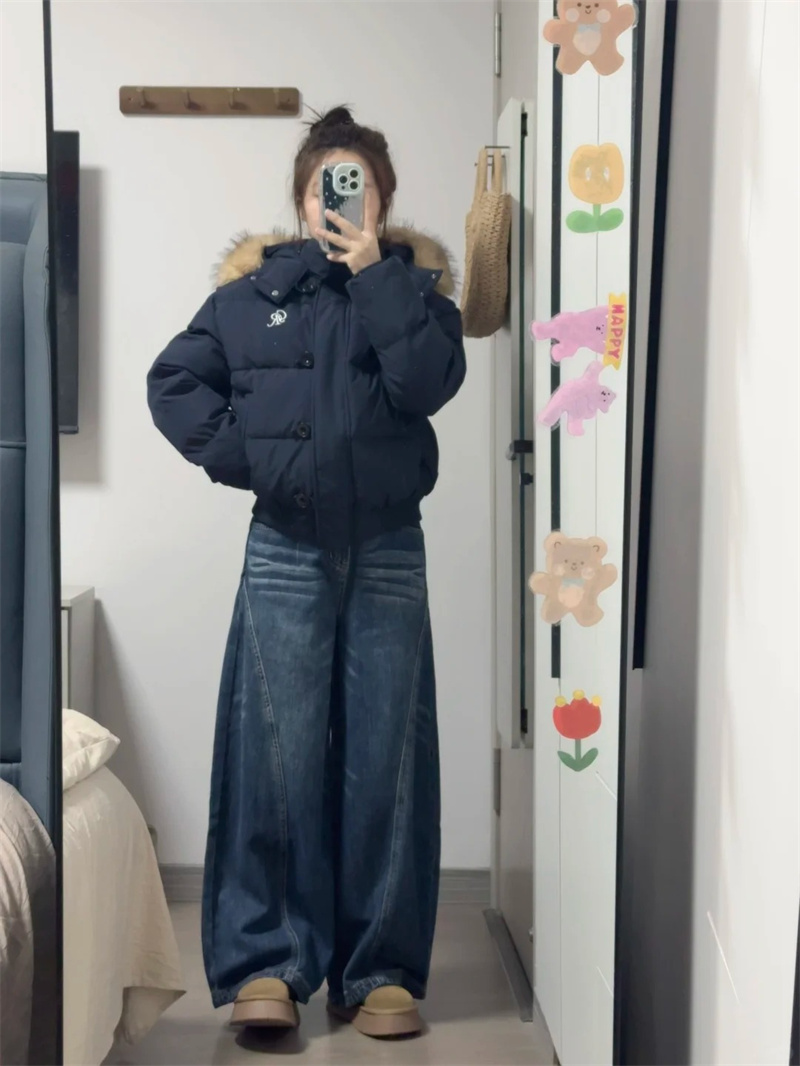작은 키 아메리칸 높음 거리 워싱 넓은 다리 청바지 여성 새로운 하이웨이스트 루즈핏 도루 센스 스트레이트 바닥 청소 바지