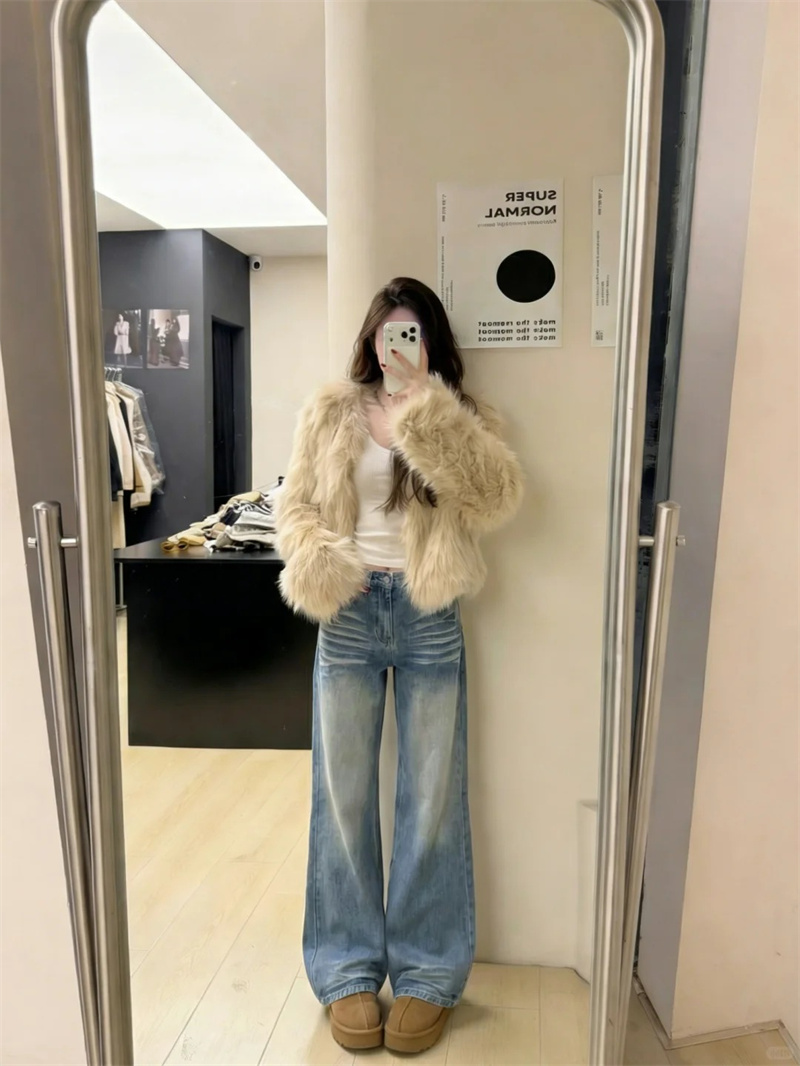 작은 키 아메리칸 주름 워싱 루즈핏 넓은 다리 청바지 여성 하이웨이스트 슬림해 보이는 스트레이트 바닥 청소 바지