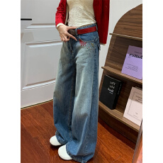 批发小个子复古设计感烫钉刺绣阔腿<b class='q'>牛仔裤</b>女高腰宽松直筒拖地长裤