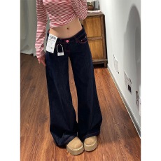 批发小个子深蓝色设计感复古阔腿<b class='q'>牛仔</b>裤女低腰显瘦辣妹直筒拖地裤