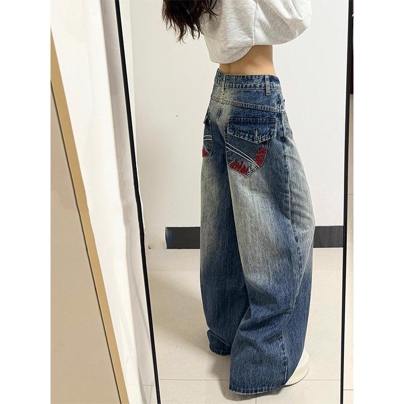 작은 키 아메리칸 높음 거리 뜨거운 못 자수 스트레이트 청바지 여성 하이웨이스트 루즈핏 슬림해 보이는 넓은 다리 바닥 청소 바지