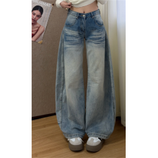 批发小个子美式复古口袋刺绣弯刀<b class='q'>牛仔裤</b>女低腰宽松显瘦阔腿拖地裤