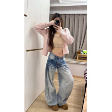 批发美式复古口袋刺绣弯刀<b class='q'>牛仔裤</b>女新款低腰宽松显瘦阔腿拖地裤