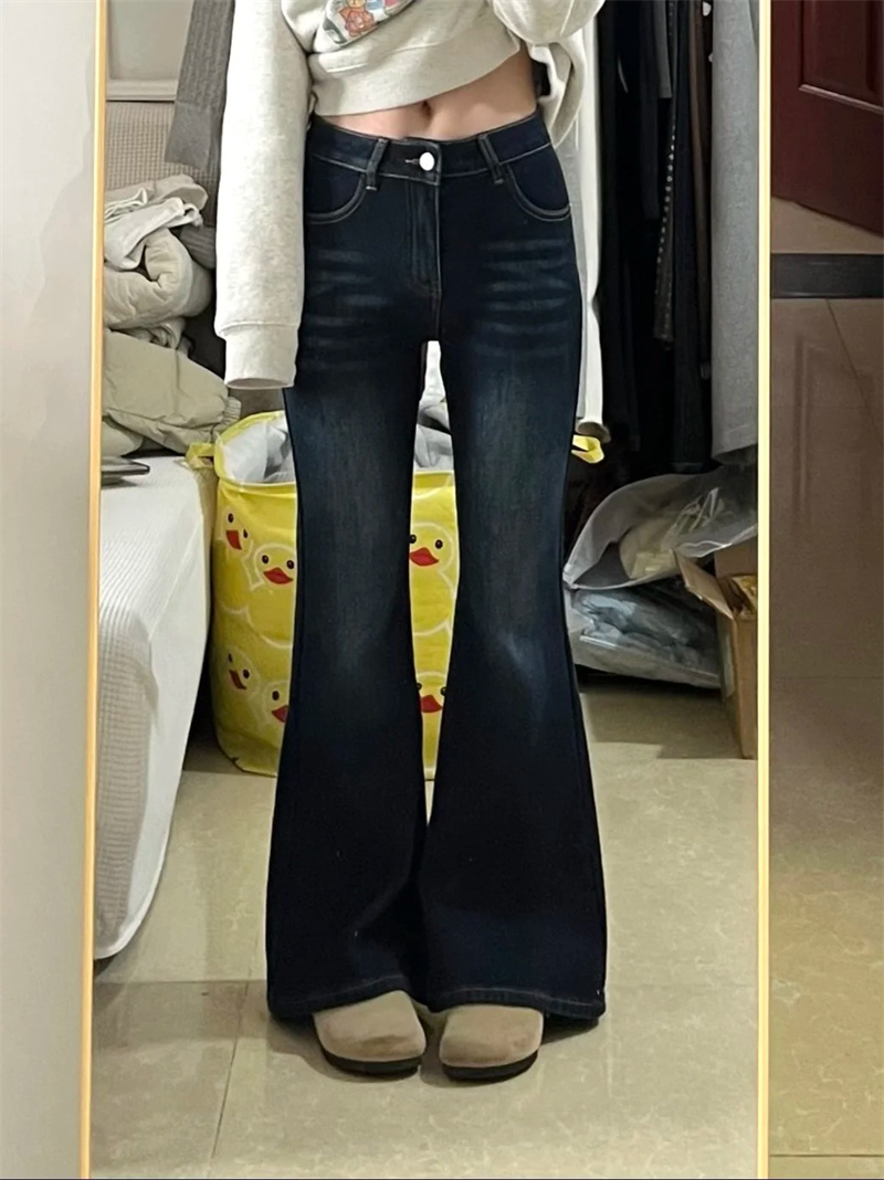 작은 키 진한 파란색 마이크로 나팔 청바지 여성 하이웨이스트 신축성 몸매 가꾸기 슬림해 보이는 바닥 청소 호스 슈 긴 바지