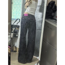 批发小个子深蓝色美式辣妹微喇阔腿<b class='q'>牛仔裤</b>女低腰宽松直筒拖地长裤