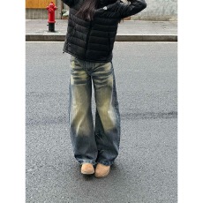 批发小个子美式高街复古水洗弯刀阔腿<b class='q'>牛仔裤</b>女高腰宽松直筒拖地裤