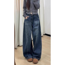 批发美式复古弯刀<b class='q'>牛仔裤</b>女新款高腰宽松显瘦垂感直筒镰刀拖地裤子