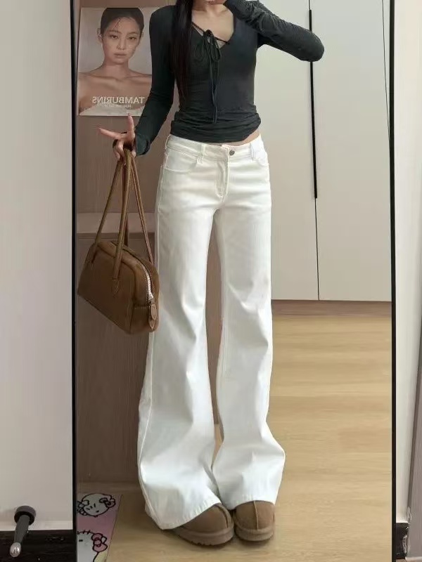 작은 키 아메리칸 부츠컷 청바지 여성 새로운 아니요 막대기 다리 핫걸 로우 웨이스트 슬림해 보이는 바닥 청소 나팔 바지