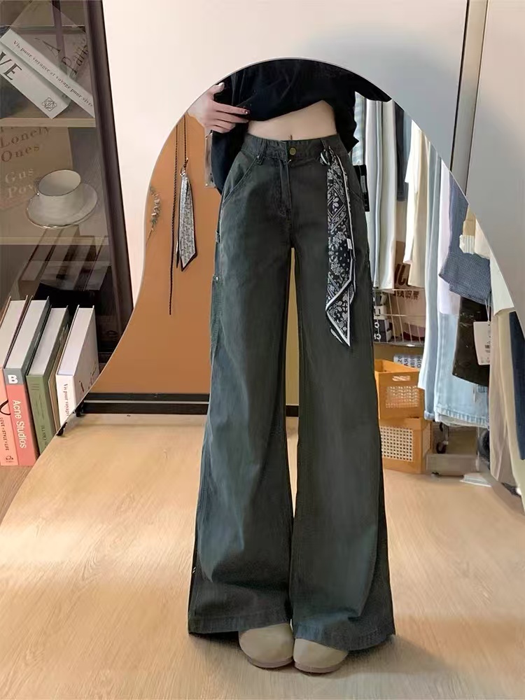 작은 키 아메리칸 군용 녹색 스트레이트 워크웨어 청바지 여성 하이웨이스트 루즈핏 슬림해 보이는 넓은 다리 길이 바지