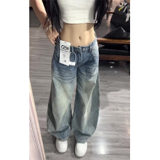 批发小个子美式复古水洗做旧阔腿弯刀<b class='q'>牛仔裤</b>女低腰宽松直筒拖地裤