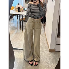 批发小个子卡其色美式宽松阔腿牛仔裤女高腰垂感休闲直筒拖地长裤