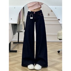 批发小个子设计感撞色低腰阔腿牛仔裤女直筒百搭宽松辣妹拖地长裤