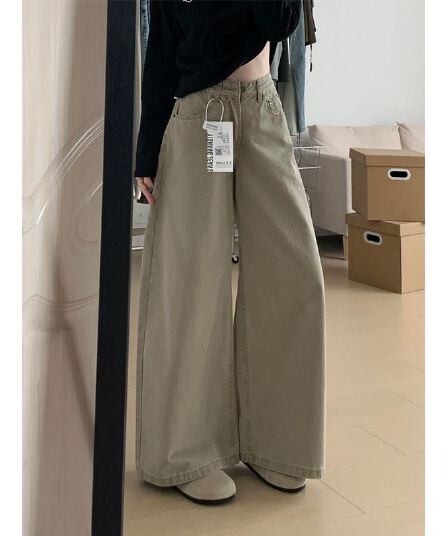 작은 키 아메리칸 레트로 워싱 카키 색 넓은 다리 청바지 여성 하이웨이스트 루즈핏 스트레이트 바닥 청소 긴 바지