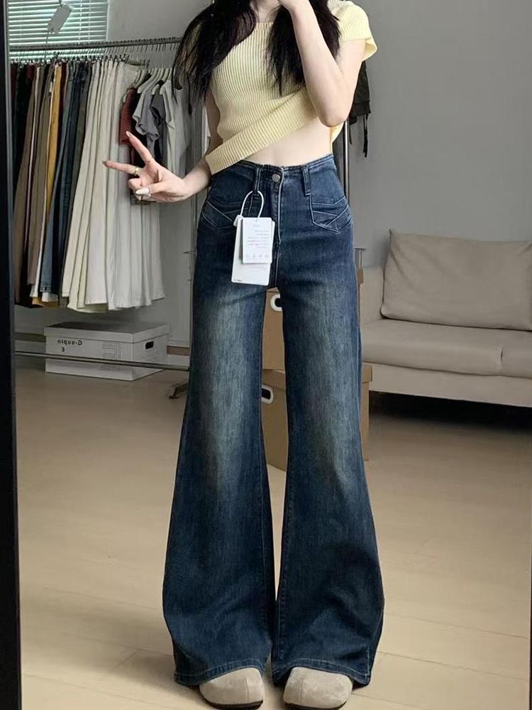 작은 키 아메리칸 핫걸 높음 거리 부츠컷 청바지 여성 하이웨이스트 새로운 다용도 슬림해 보이는 나팔 긴 바지