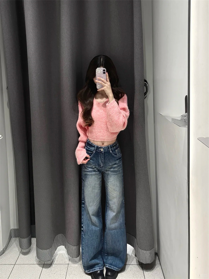 작은 키 아메리칸 워싱 레트로 나팔 청바지 여성 하이웨이스트 루즈핏 슬림해 보이는 아니요 막대기 다리 부츠컷 바지