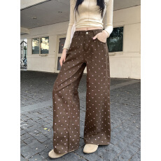批发实拍~小个子可可棕<b class='q'>碎花</b>阔腿牛仔<b class='q'>裤</b>女高腰宽松休闲直筒拖地<b class='q'>裤</b>