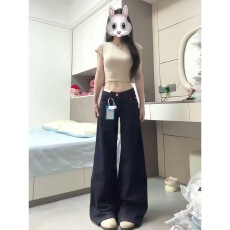 批发小个子深蓝色美式宽松微喇阔腿<b class='q'>牛仔裤</b><b class='q'>女</b>低腰显瘦<b class='q'>直筒</b>拖地长裤