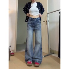 批发小个子美式复古微喇阔腿<b class='q'>牛仔裤</b>女高腰显瘦宽松拖地喇叭裤子