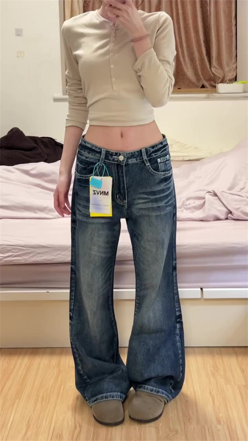 작은 키 아메리칸 레트로 부츠컷 넓은 다리 청바지 여성 하이웨이스트 슬림해 보이는 루즈핏 바닥 청소 나팔 바지